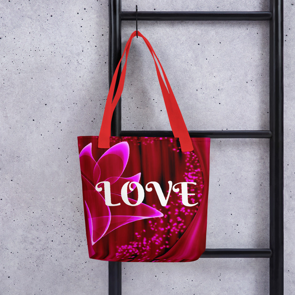 "Red Flower Love" - Tote Bag ( white Letters)