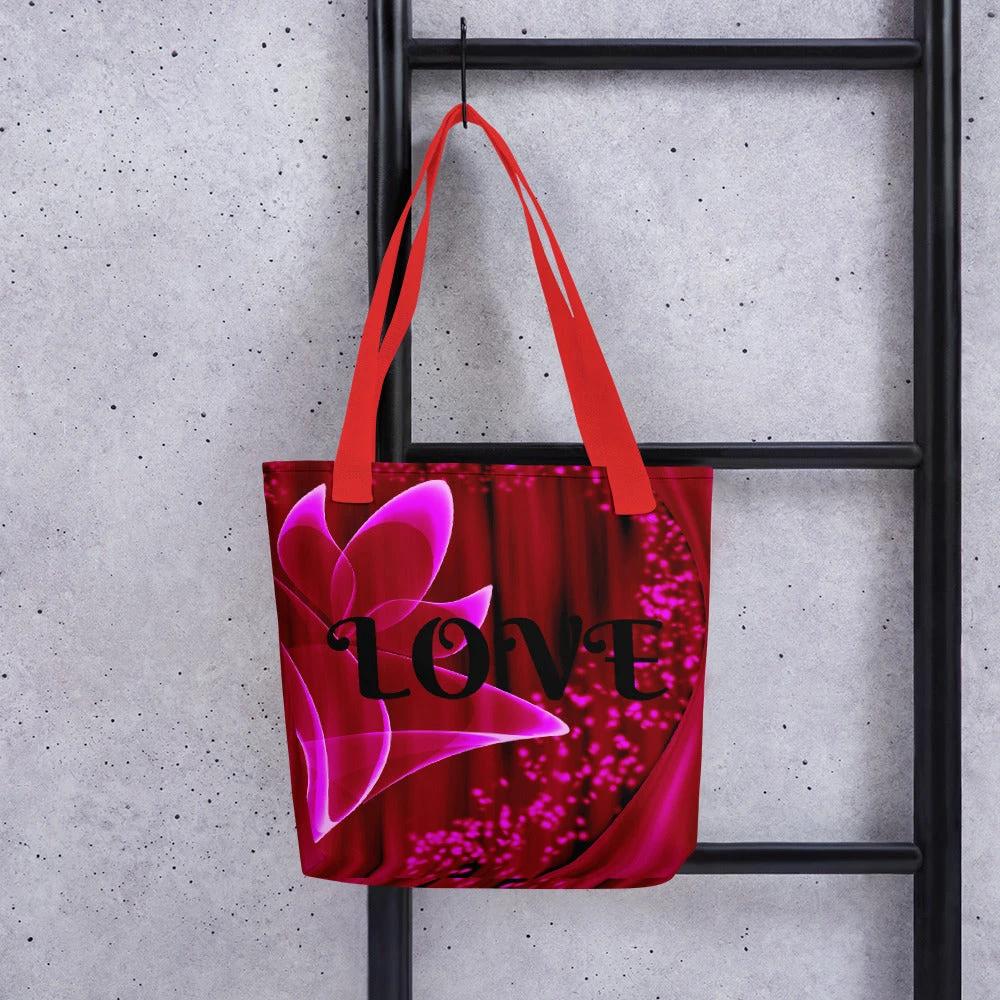 "Red Flower Love" - Tote Bag ( black letters)