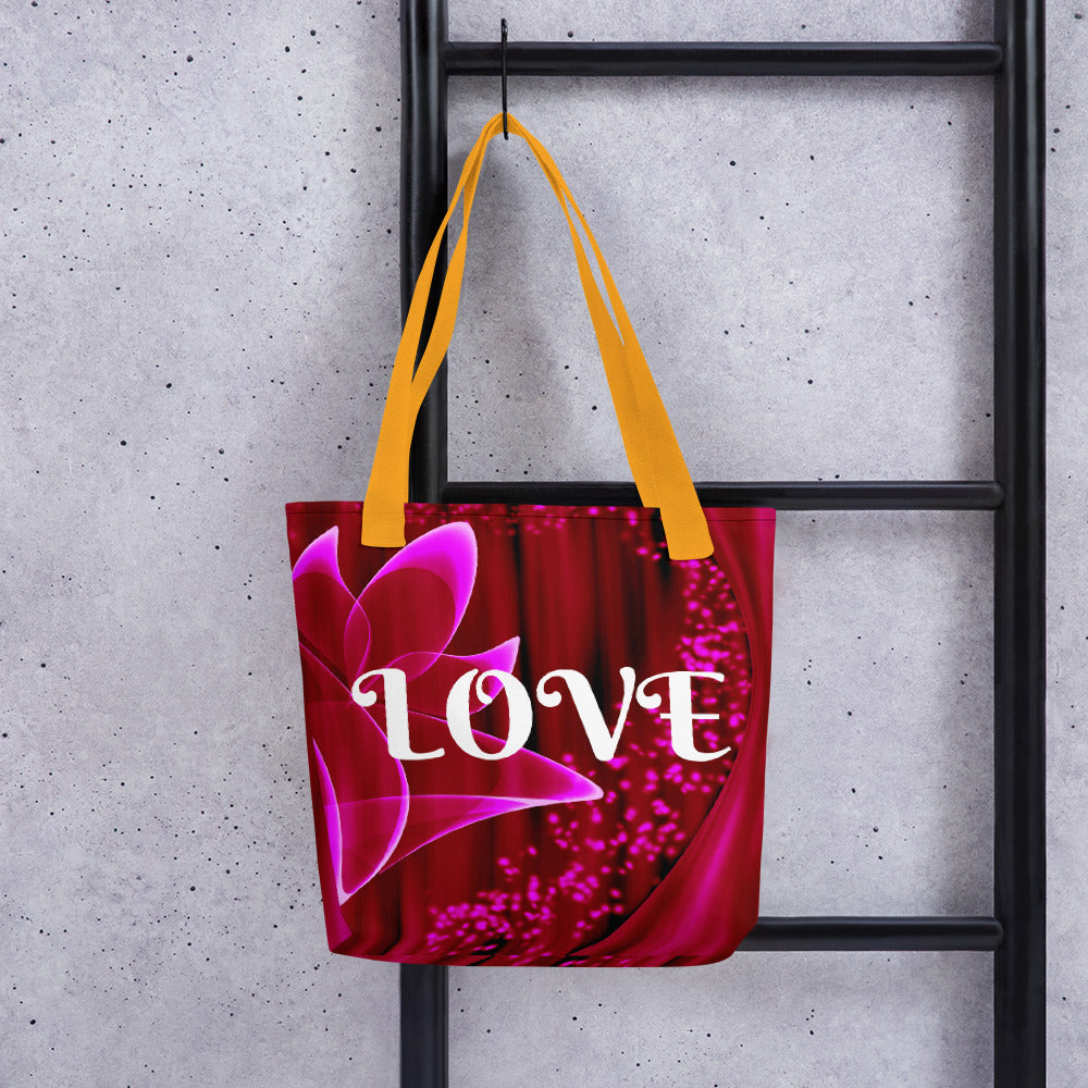 "Red Flower Love" - Tote Bag ( white Letters)