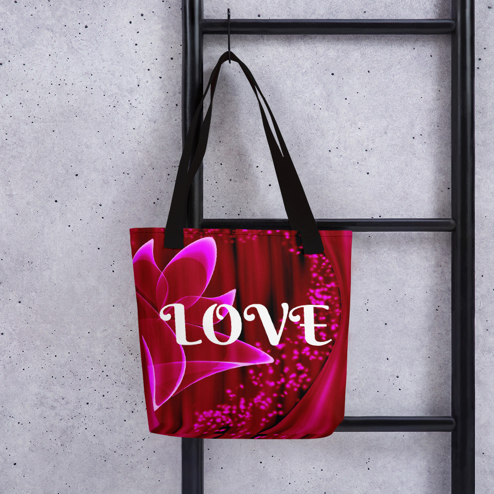"Red Flower Love" - Tote Bag ( white Letters)