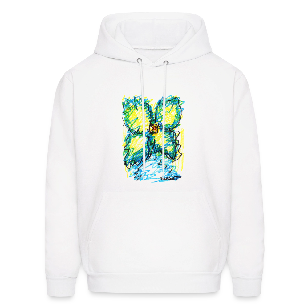 Unisex Hanes P170 white hoodie with abstract blue-green-yellow graphic on front.