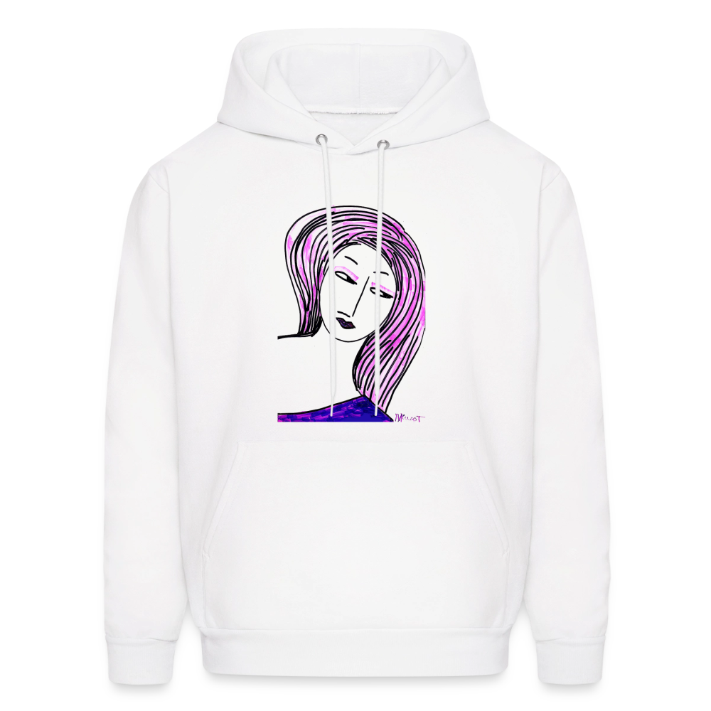 Unisex hoodie white with purple-pink abstract portrait graphic on front.