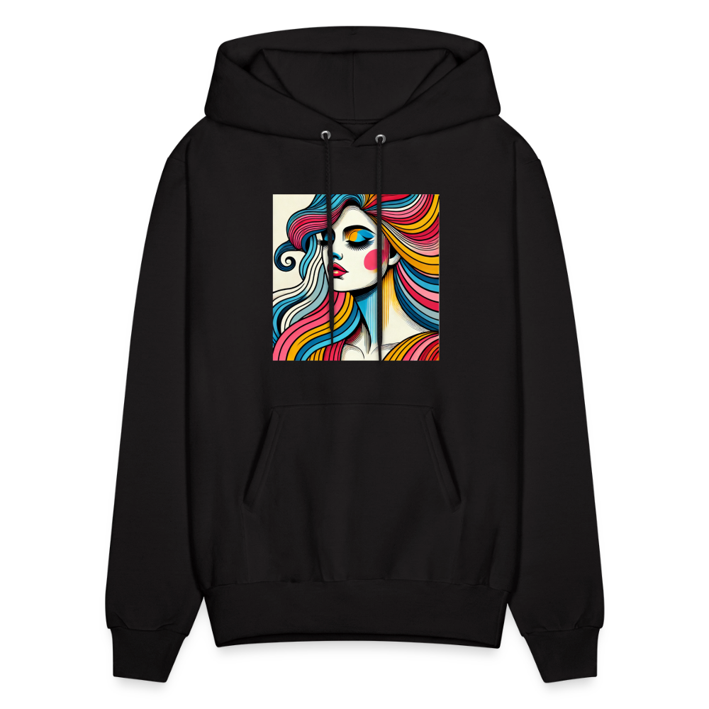 Unisex hoodie in black with a vivid multicolor art panel on the front