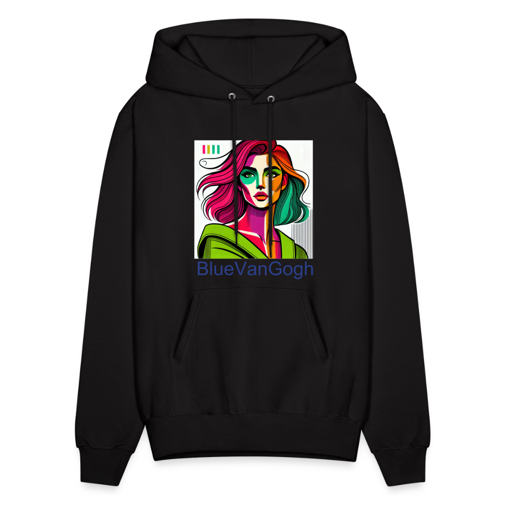 Unisex Hoodie by BlueVanGogh in black with a colorful pop-art portrait on the front.