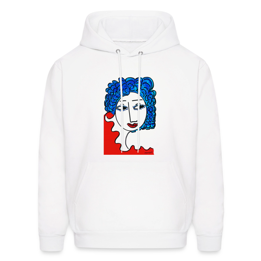 Unisex white hoodie featuring blue-haired abstract portrait on red background front print
