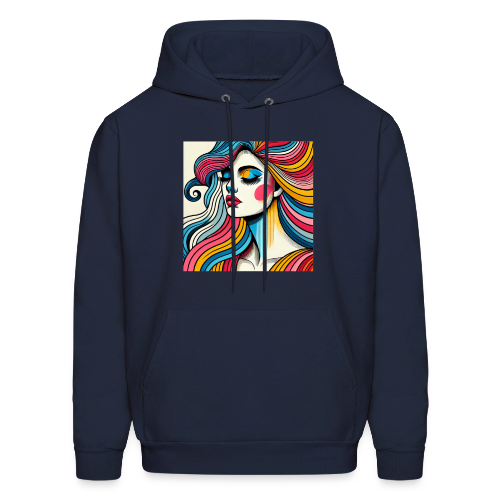 Unisex Hanes P170 hoodie in navy with a vibrant colorful front art print