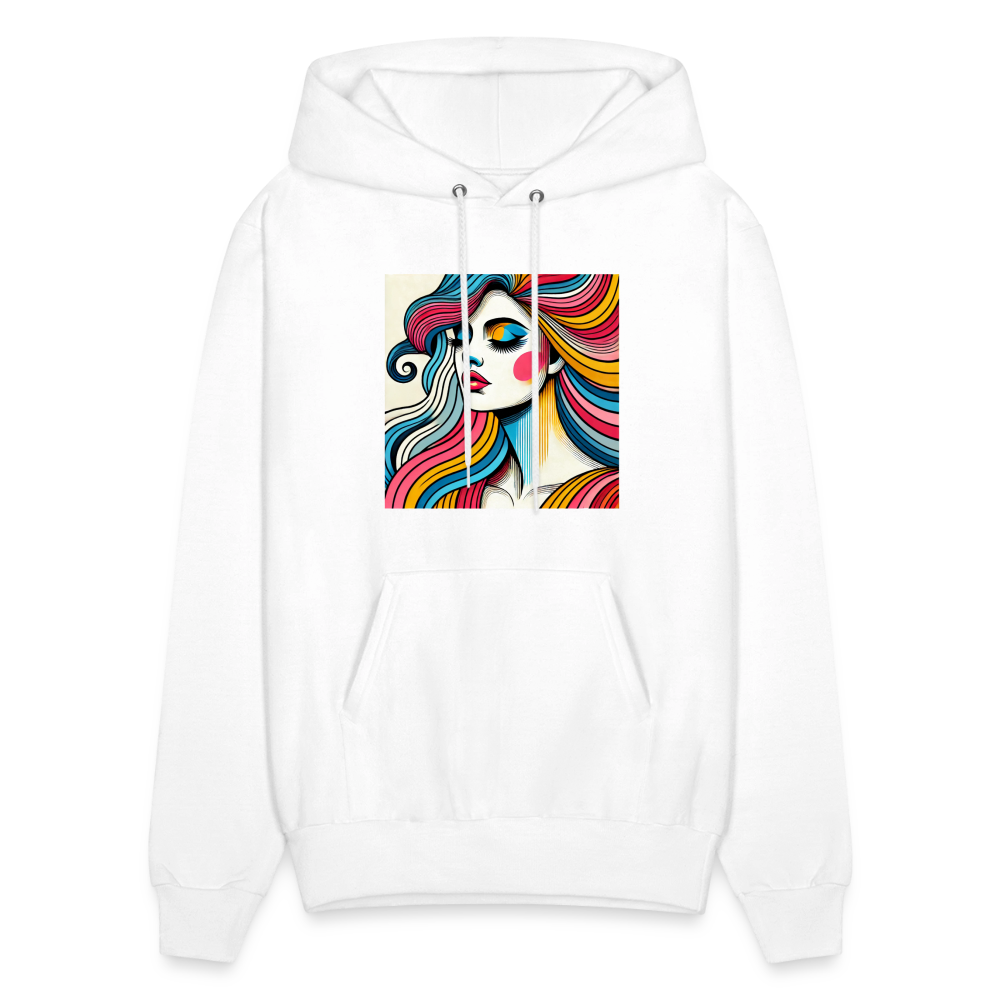 Unisex hoodie featuring a vibrant square graphic of a colorful female portrait on white fabric, Hanes P170