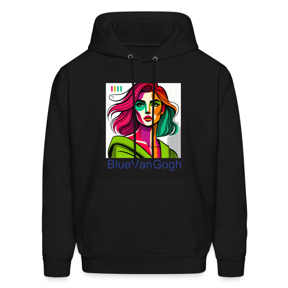 Unisex Hoodie by BlueVanGogh with a colorful portrait graphic on black fabric.