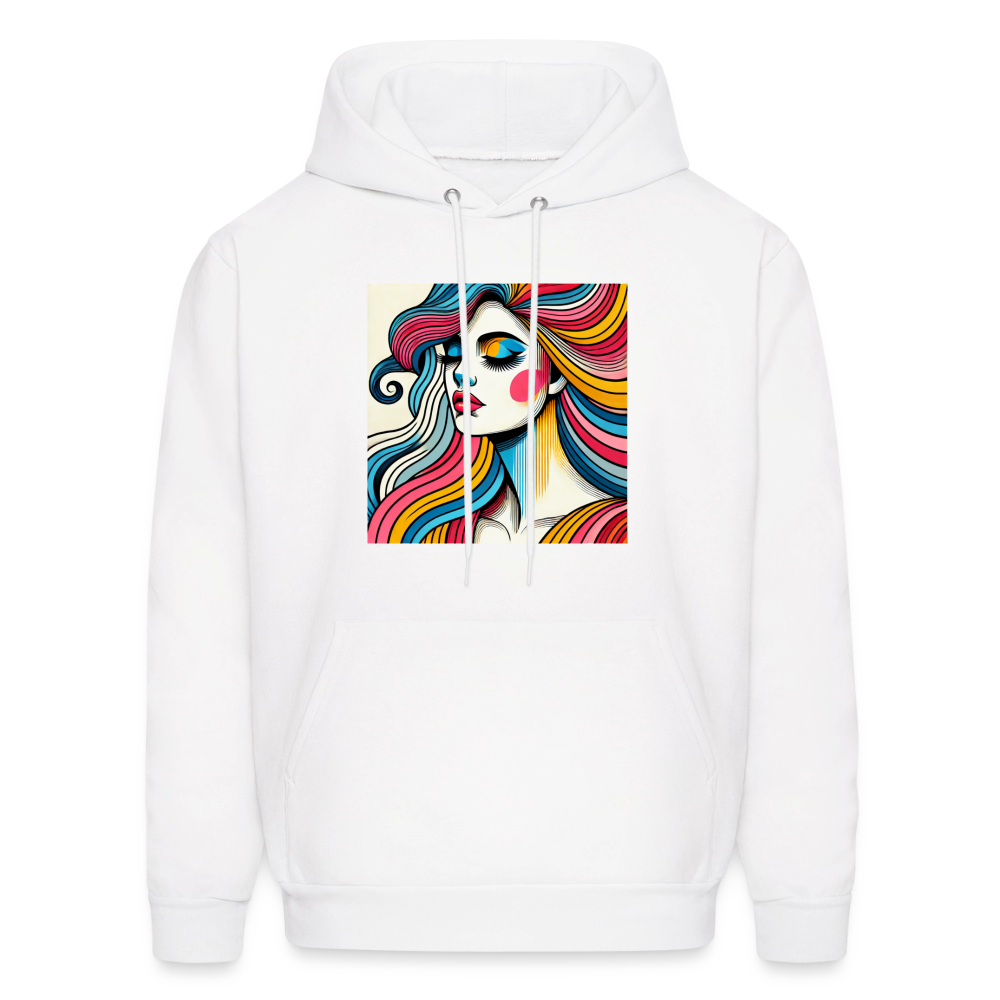 Unisex hoodie with a white base and colorful pop-art portrait graphic on the front.