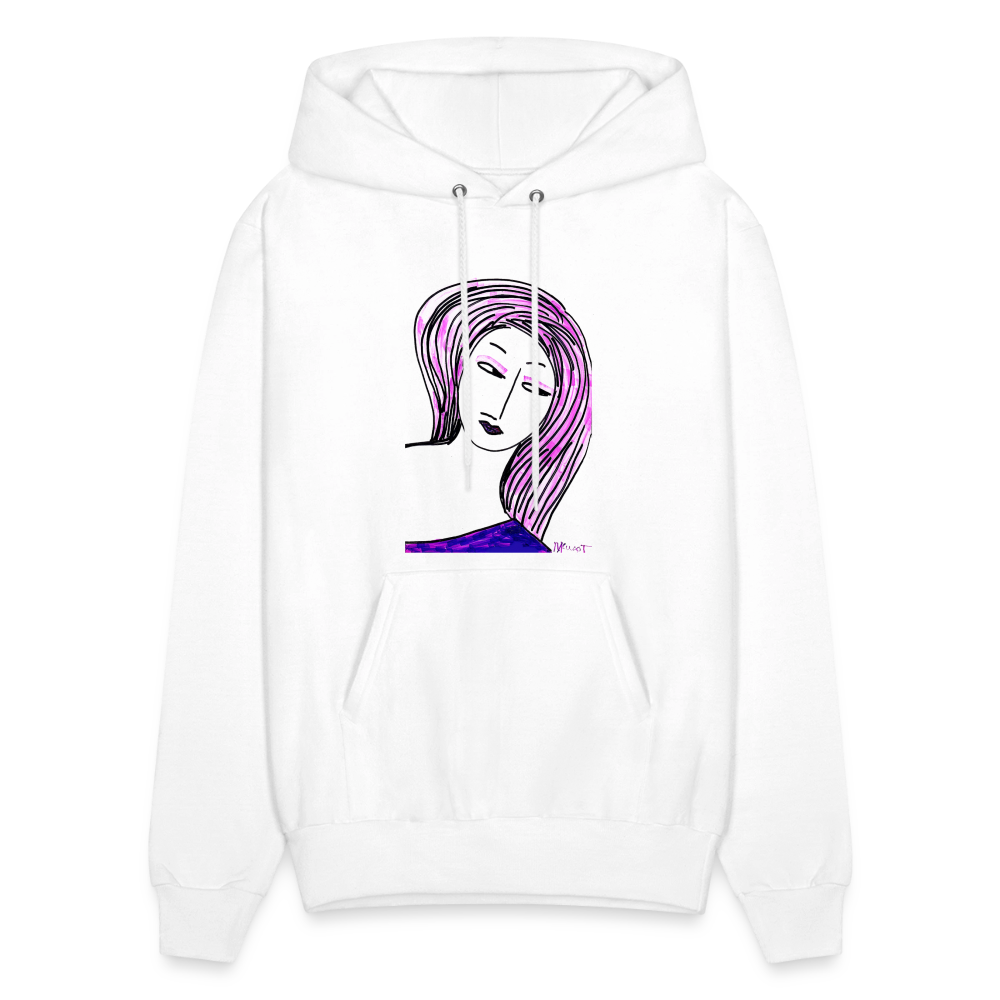 Unisex hoodie, white, front graphic of abstract purple-pink portrait.