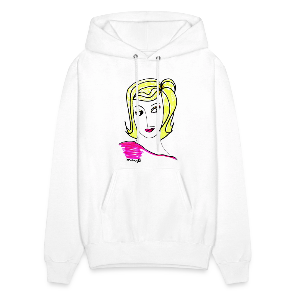Unisex hoodie white with illustrated blonde woman portrait and pink accents