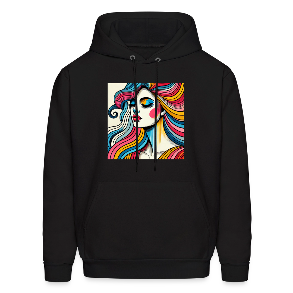 Unisex Hanes P170 black hoodie featuring a vibrant multicolor portrait graphic on the chest.