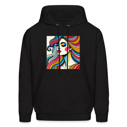 Unisex Hanes P170 black hoodie featuring a vibrant multicolor portrait graphic on the chest.
