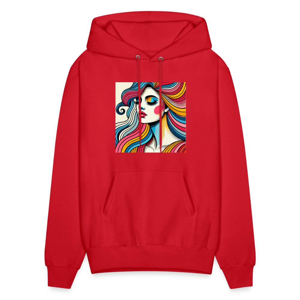 Hanes P170 men's red hoodie with a colorful square art graphic on chest