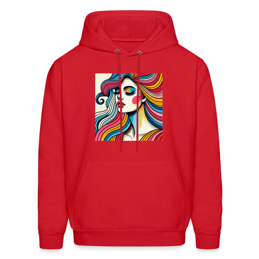 Unisex red Hanes P170 hoodie with a square colorful abstract portrait print on the chest