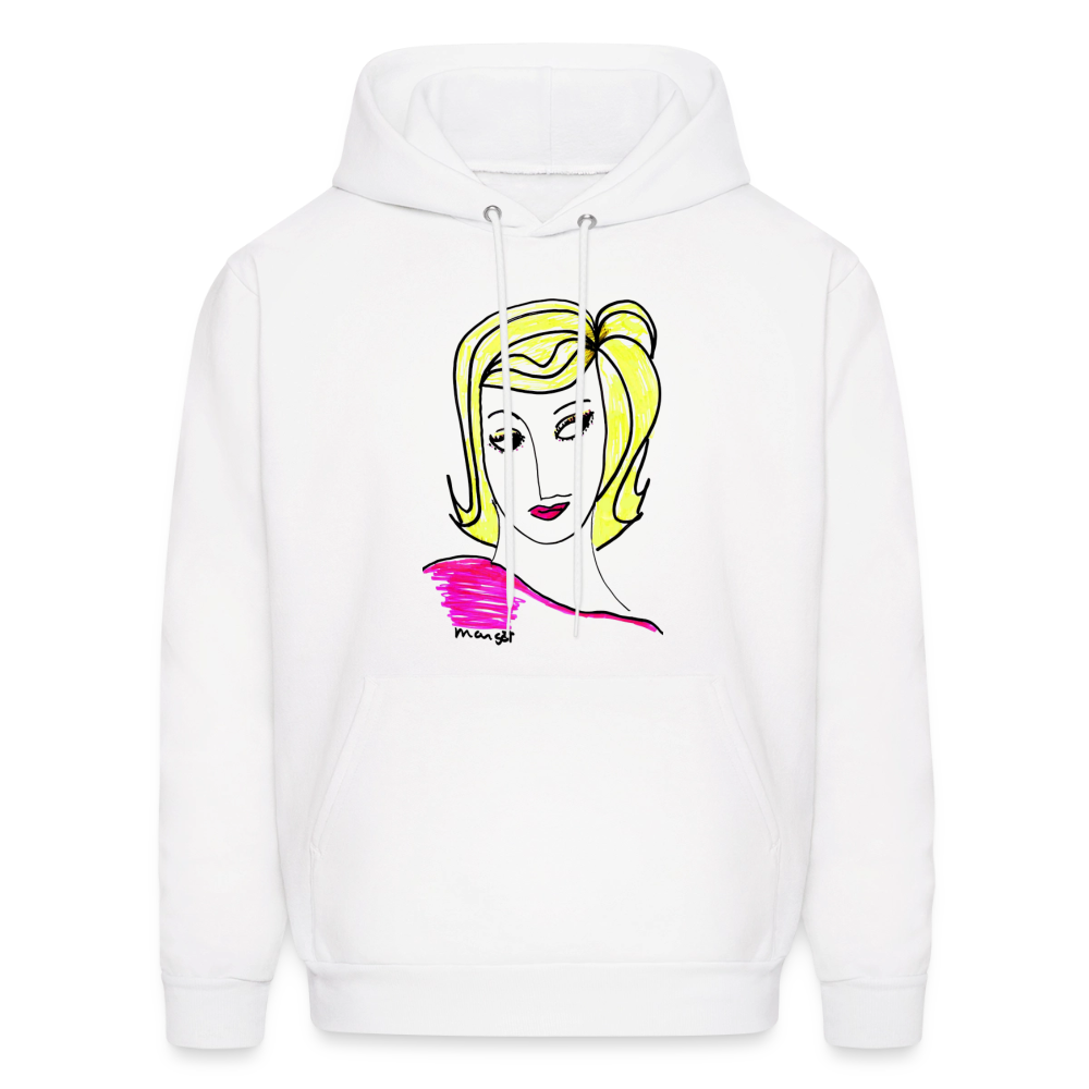 Unisex Hanes P170 hoodie in white with a blonde portrait line art graphic