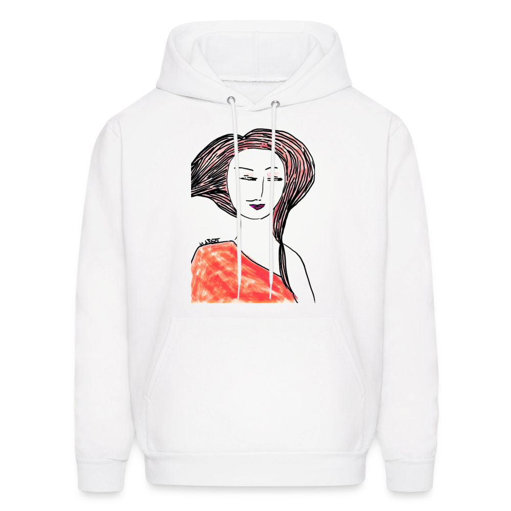Unisex Hanes P170 hoodie in white with an orange portrait graphic.