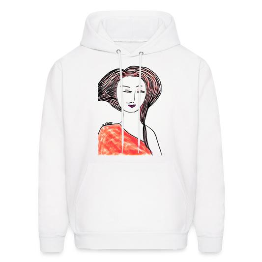 Unisex Hanes P170 hoodie in white with an orange portrait graphic.