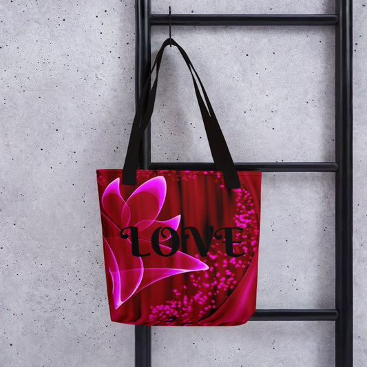 "Red Flower Love" - Tote Bag  ( black letters)
