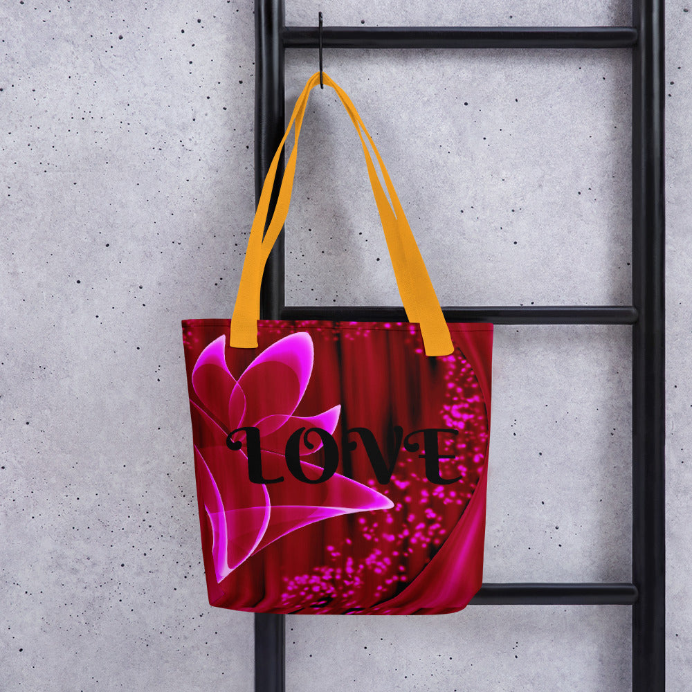 "Red Flower Love" - Tote Bag  ( black letters)