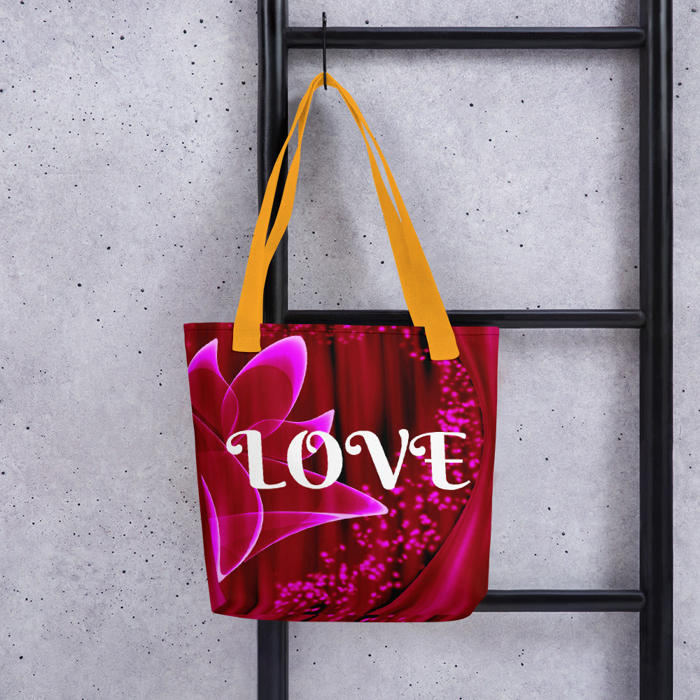 "Red Flower Love" - Tote Bag  ( white Letters)