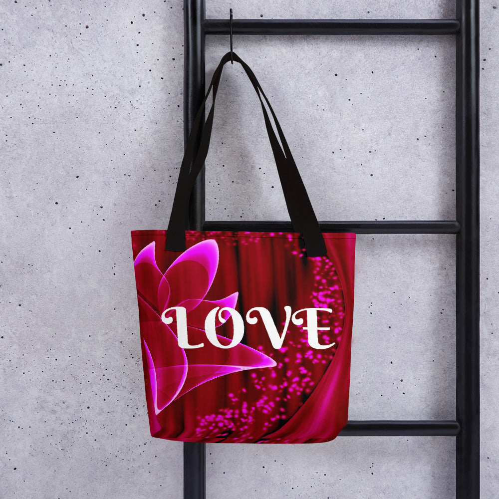 "Red Flower Love" - Tote Bag  ( white Letters)