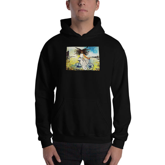 Artistic Hooded Sweatshirt / Jesus Christ on a Bicycle / Artist - Margot House
