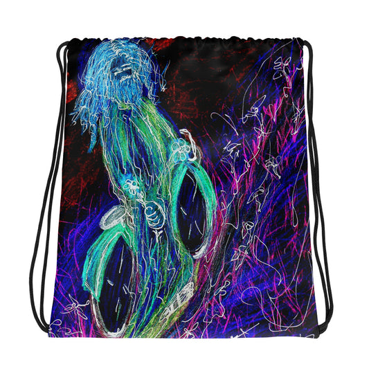 neon "Jesus Christ on a Bicycle" Drawstring bag / Artist - Margot House & Bryan Ameigh
